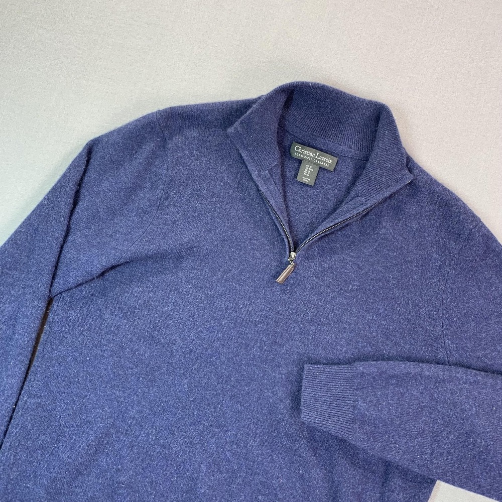 Lacroix Sweater Mens M Blue 100% Cashmere 1/4 Zip Mock Neck Pullover *Flaw*